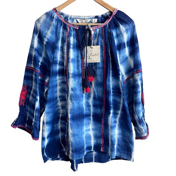 Caffe Marrakesh Embroidered Tie Dye Tassel Blouse Blue M - Picture 1 of 8